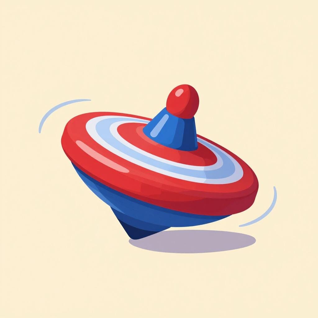 Een kleurrijke tol die snel ronddraait op een houten vloer.