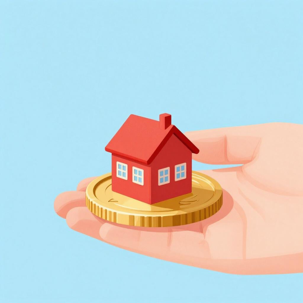 A small red house sitting on top of a large gold coin held by a hand.