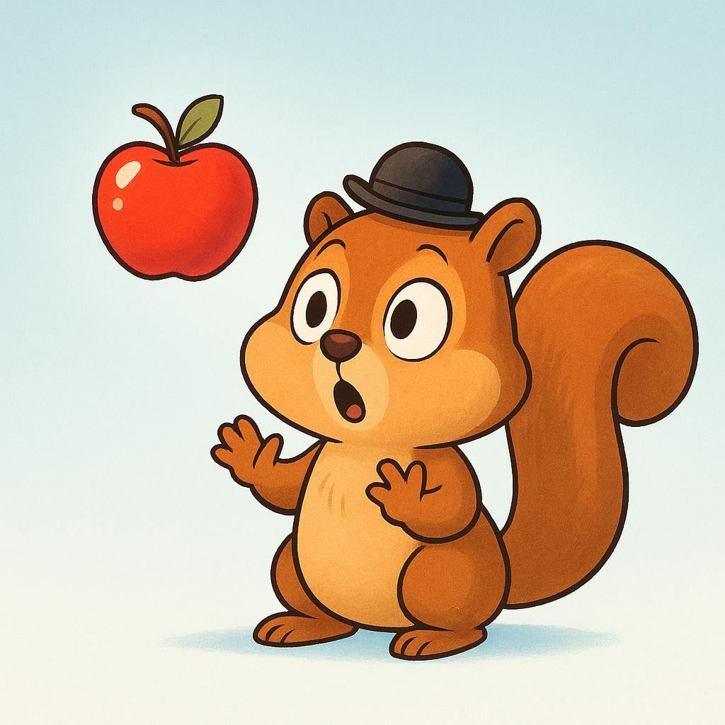 A friendly cartoon squirrel wearing a small hat stares in astonishment at a bright red apple floating inexplicably in the air.
