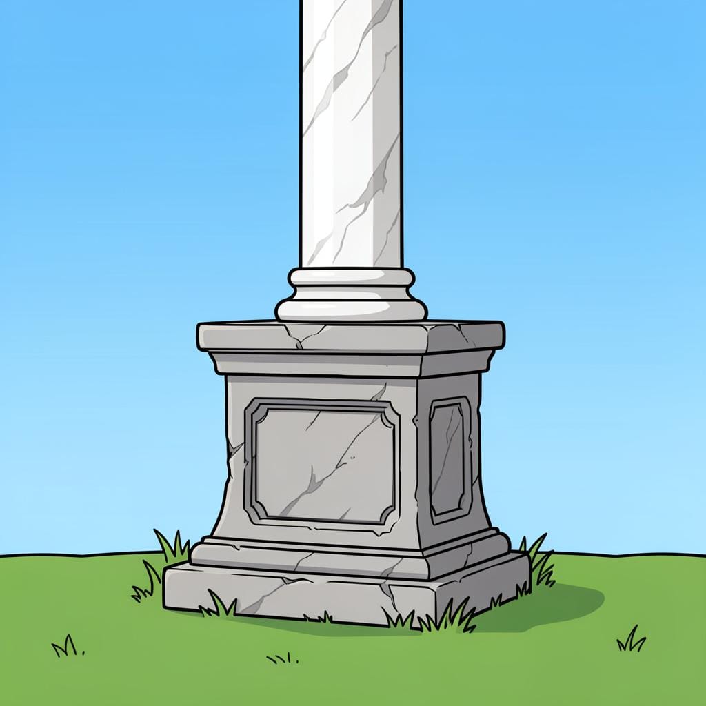 A decorative stone pedestal sitting in a garden, supporting a classic white column.