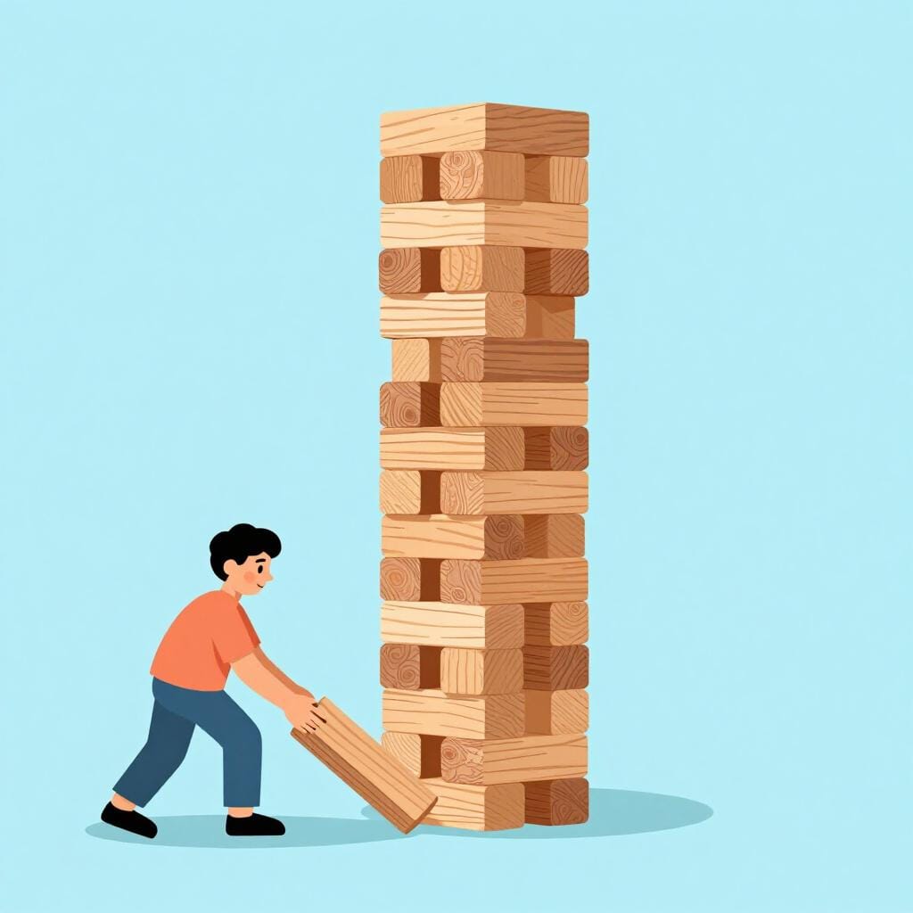 Eine Person, die vorsichtig einen einzelnen Holzklotz aus dem Boden eines sehr hohen Turms von Klötzen zieht.