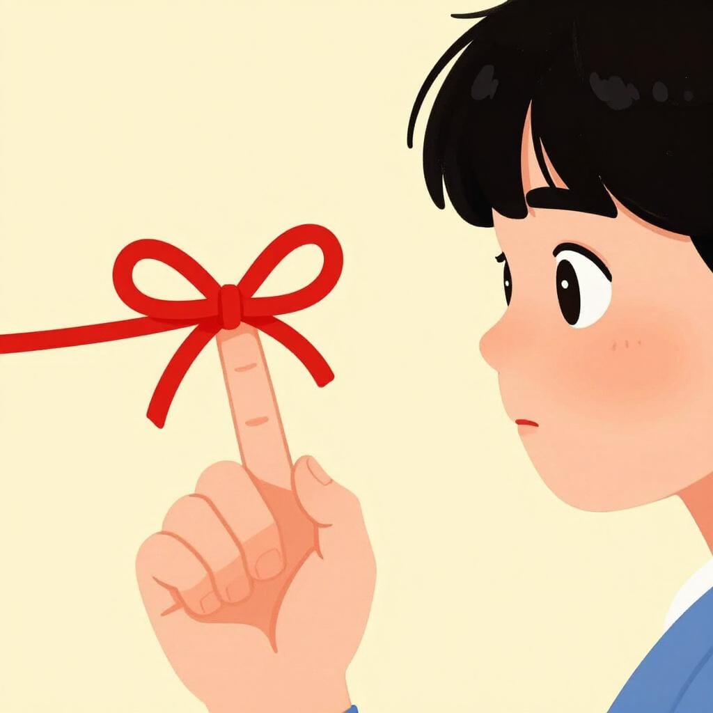 Een persoon wijst naar een felrood touwtje om hun vinger gebonden om hen te helpen herinneren.