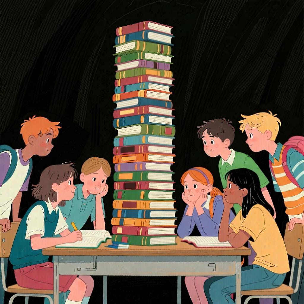 Um grupo de estudantes olhando para uma grande pilha de livros em uma mesa de biblioteca, indicando que eles têm muito estudo a fazer.