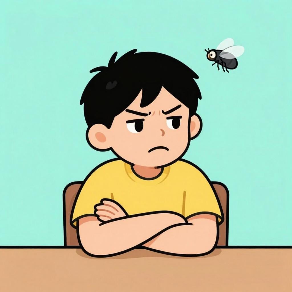 Une personne avec une expression faciale frustrée regardant une mouche qui bourdonne.