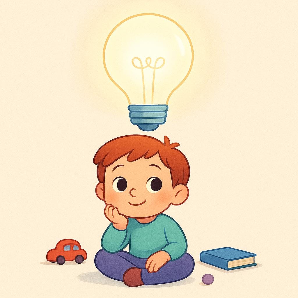 A storybook illustration of a young person sitting quietly on the floor, resting their chin on their hand in a pose of deep contemplation. A brightly glowing lightbulb floats above their head, symbolizing a completed thought.