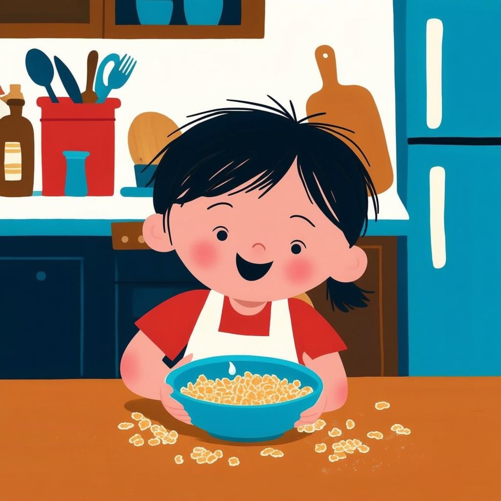 A focused child sitting at a kitchen table proudly looking at their clean, empty bowl, having finished their meal.