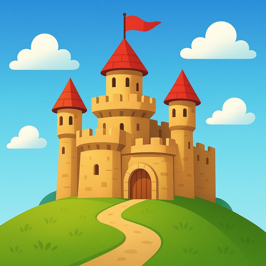 A majestic, colorful storybook illustration of a large castle with tall towers and a royal banner flying, representing a sovereign state.