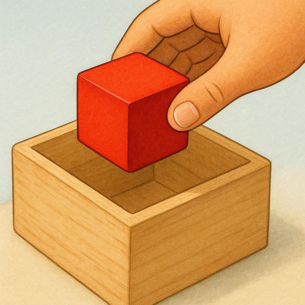 A child's hand is reaching into a plain wooden storage box and physically lifting a single red toy block out of the container.