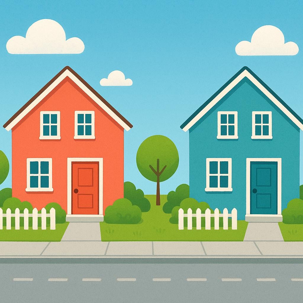 Two colorful houses on opposite sides of a narrow street, facing each other.