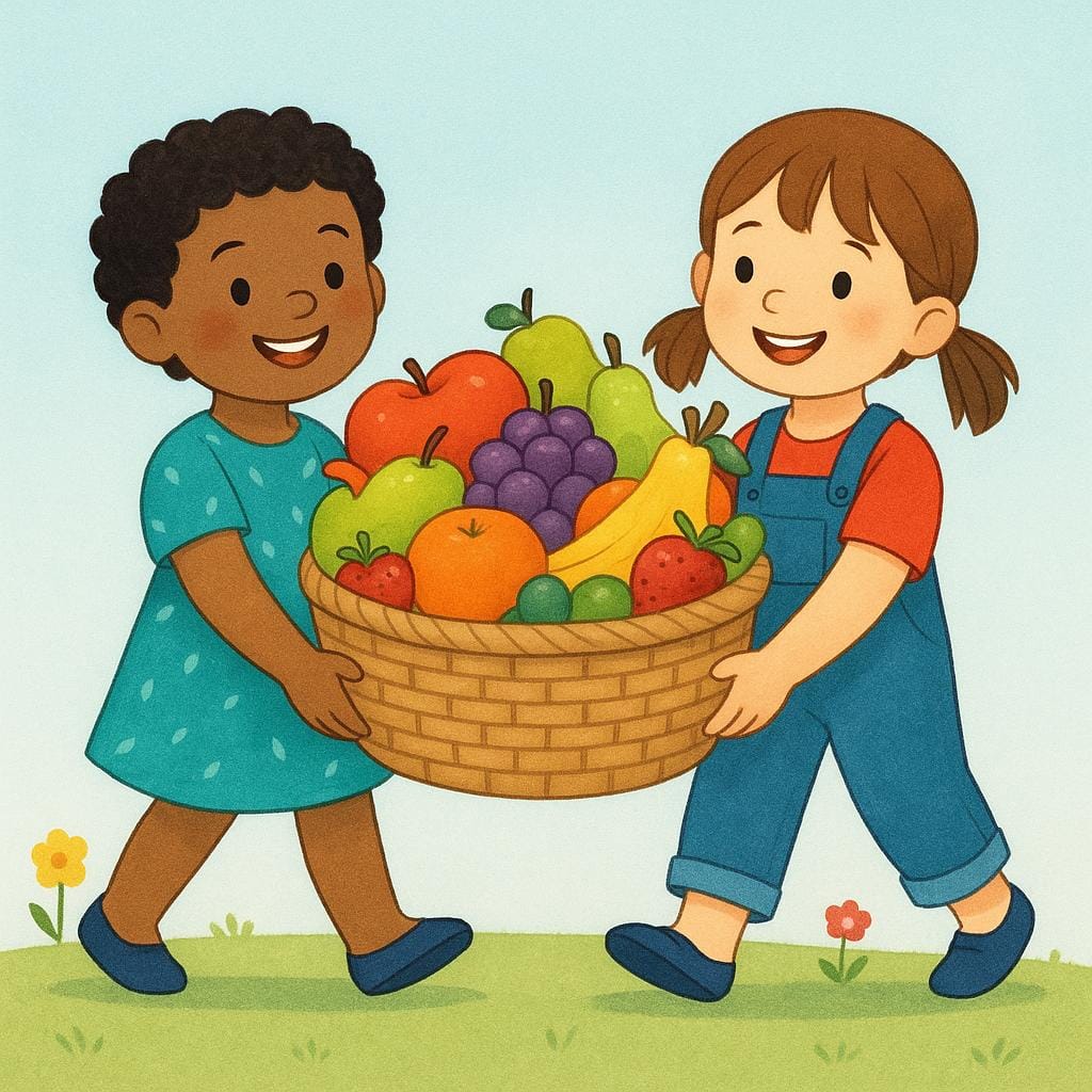 Two children struggling slightly but smiling as they work together to carry a large wicker basket filled with colorful fruit.