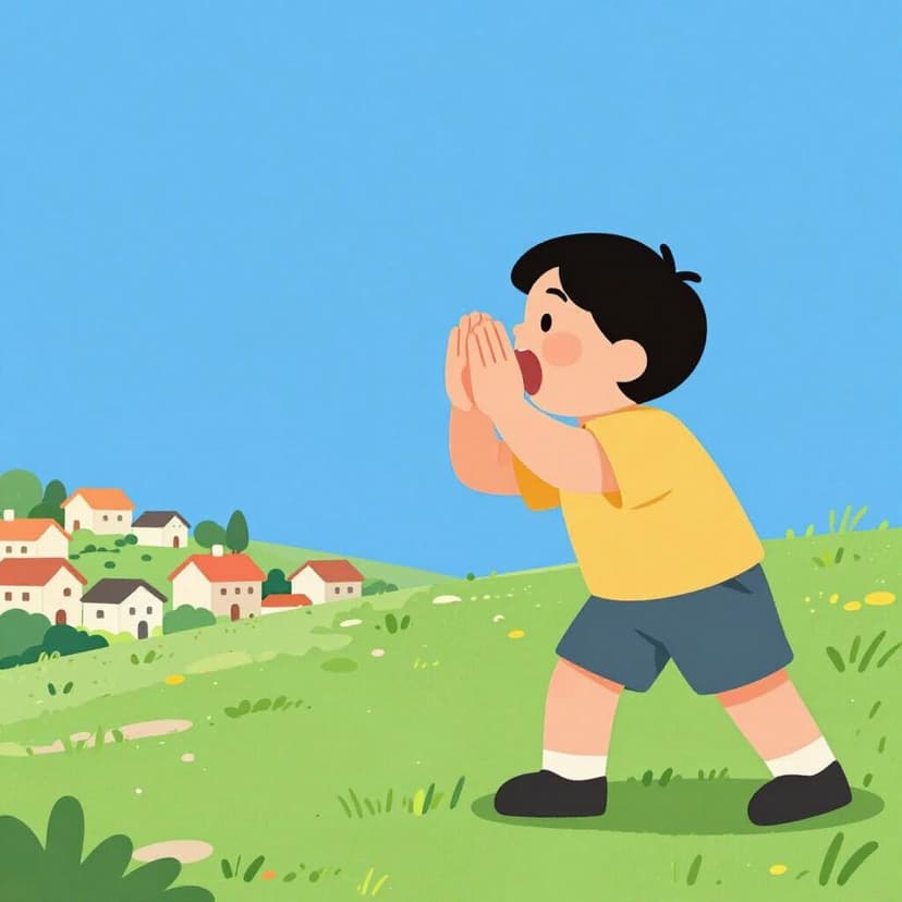 A person standing on a hilltop with their hands cupped around their mouth, calling out towards a distant village.