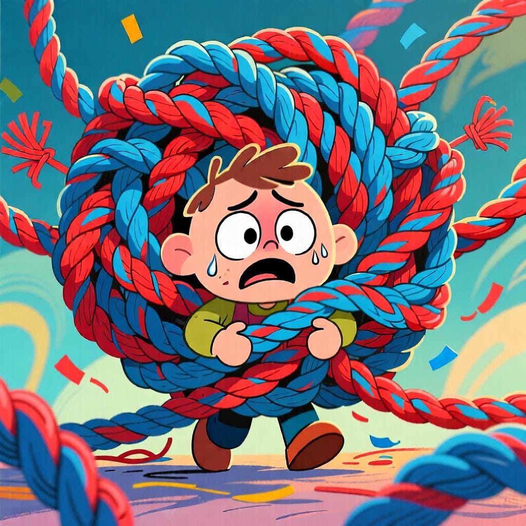 A small, wide-eyed person looking overwhelmed by a giant, brightly colored, complicated knot of tangled rope.