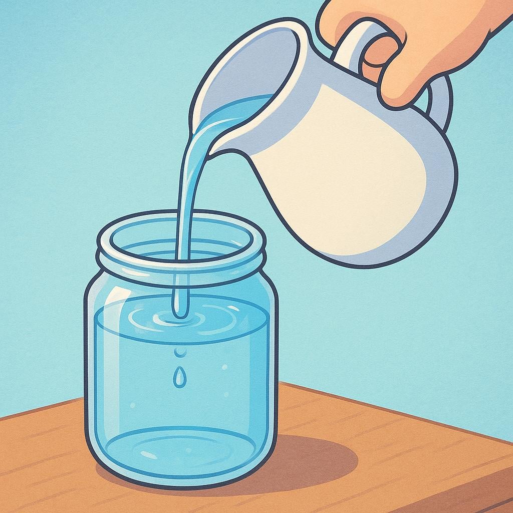A hand pouring water from a pitcher into a clear glass jar until the jar is completely full, with the water reaching the brim.