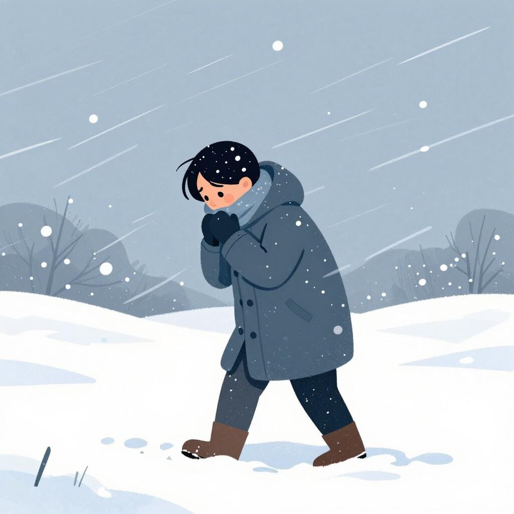 A person struggling to walk through a very deep snowstorm with heavy wind.