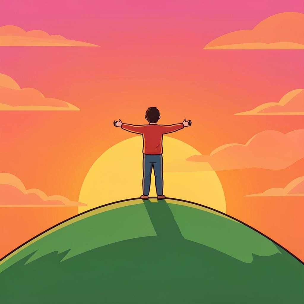 A person standing on a mountain peak with their arms wide open, looking at a beautiful sunset.