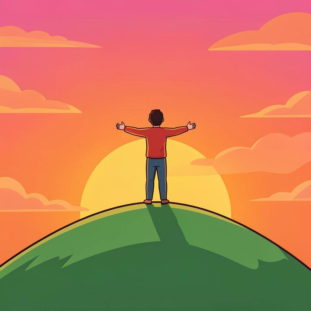 A person standing on a mountain peak with their arms wide open, looking at a beautiful sunset.
