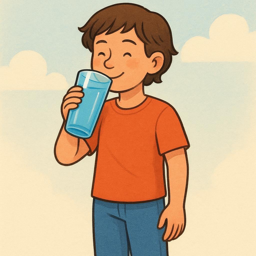 Une jeune personne debout et buvant activement dans un grand verre transparent de liquide.