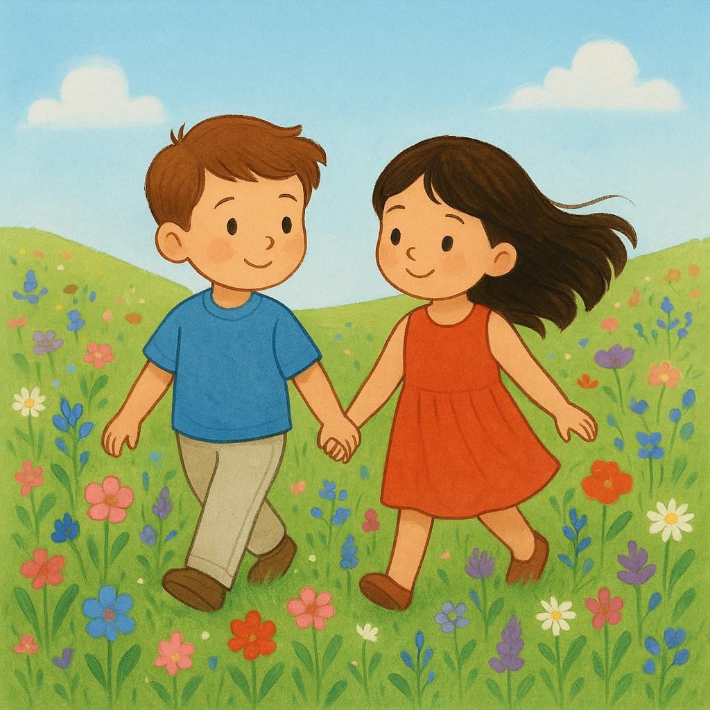 A young boy and a young girl holding hands and walking happily through a sunny field of flowers, emphasizing their youth.