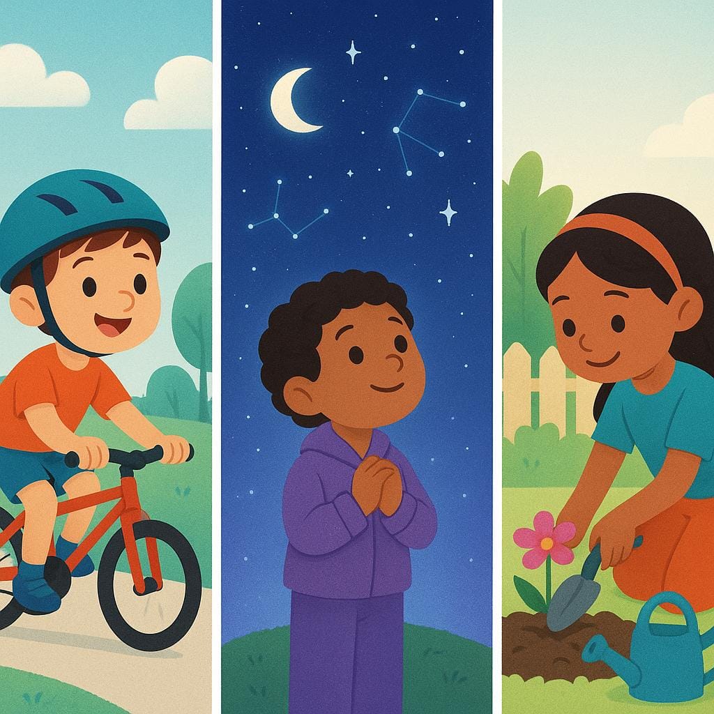 A colorful illustration showing three separate, small scenes: a child riding a bicycle on a sunny path, a child looking up at a starry night sky, and a child planting a flower in a garden. These represent distinct events.
