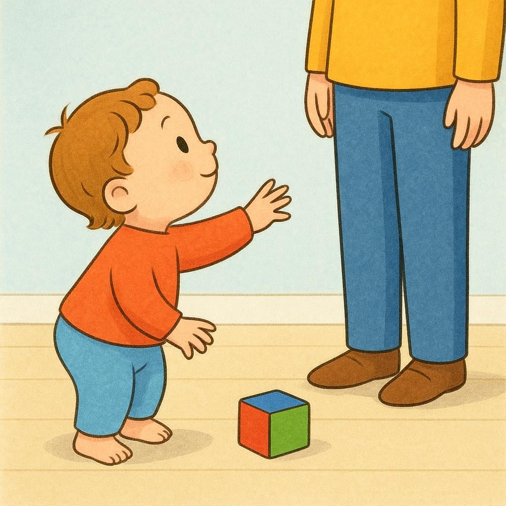 A small child reaching towards a colorful toy block on a floor, looking up at an adult standing nearby, indicating they are asking for the object.