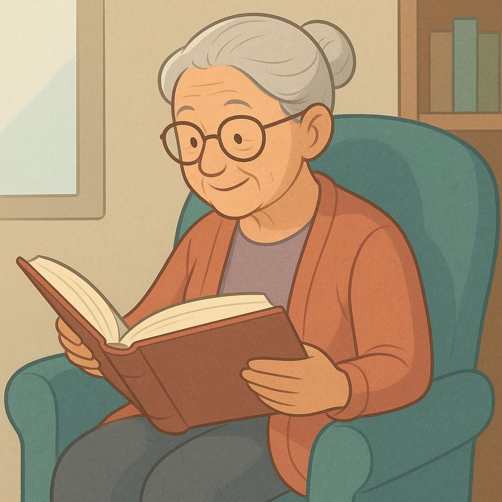 A colorful storybook illustration depicting a kind, wise-looking elderly person wearing glasses, sitting comfortably in an armchair and deeply absorbed in reading a large, open book, symbolizing being knowledgeable.