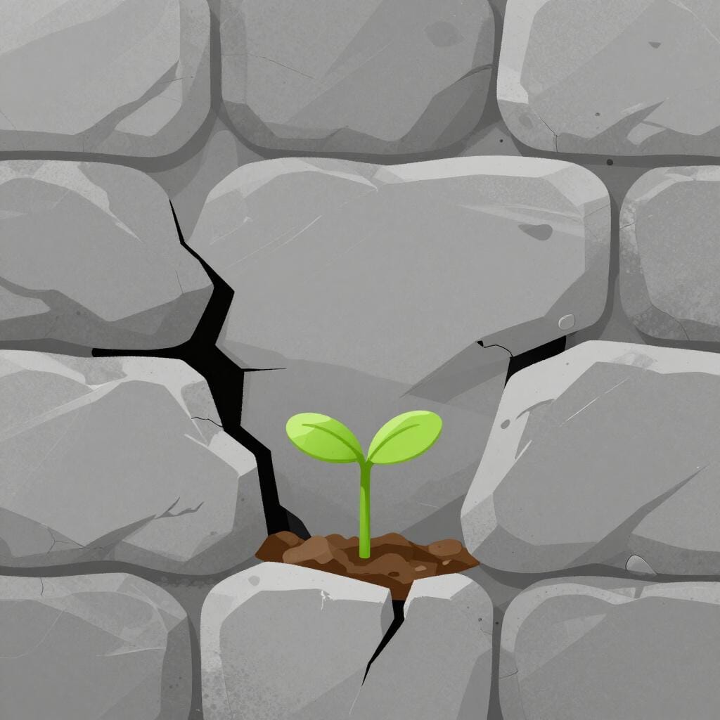 Ein kleiner grüner Spross, der aus einem Riss in einer massiven, soliden grauen Steinmauer wächst und die Steine verschieben und brechen lässt.