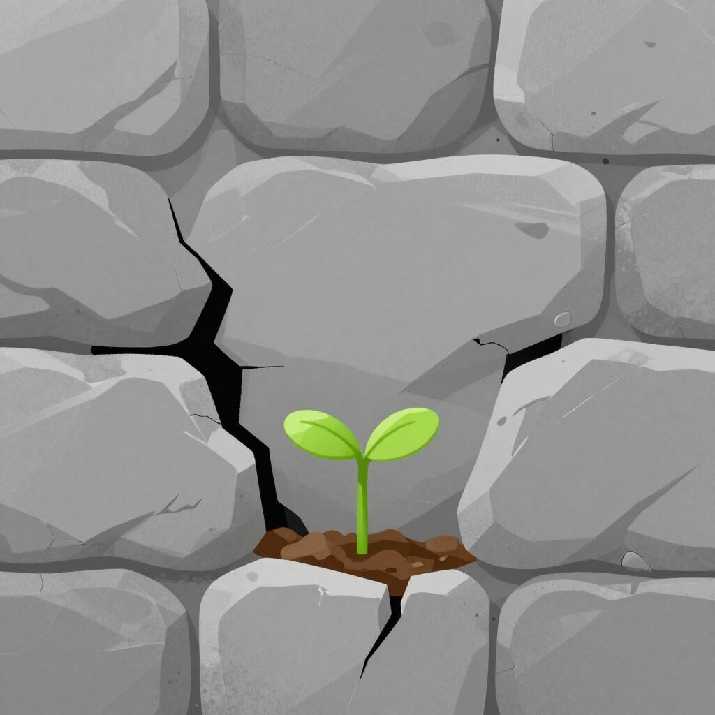 Ein kleiner grüner Spross, der aus einem Riss in einer massiven, soliden grauen Steinmauer wächst und die Steine verschieben und brechen lässt.