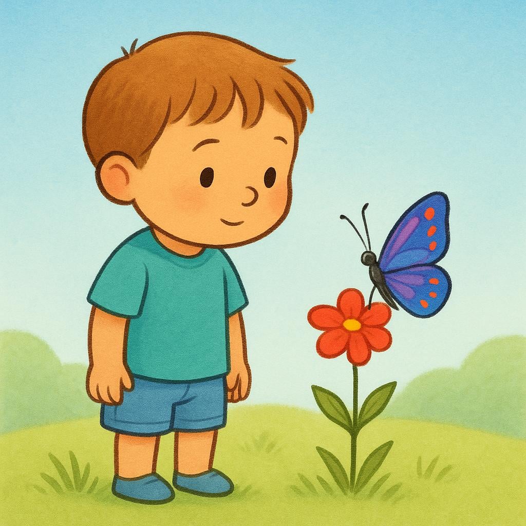 A colorful illustration of a young child in a park looking intently at a brightly colored butterfly perched on a large red flower.