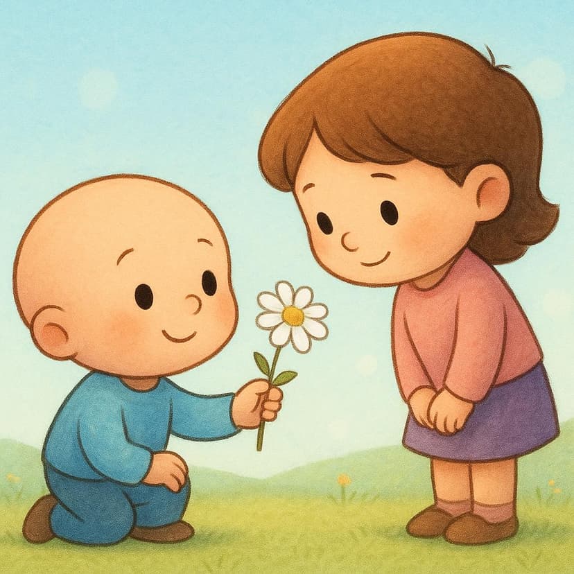 A simple, colorful storybook illustration showing one cartoon character kneeling slightly and offering a single daisy to another character who is looking down but starting to smile, symbolizing a request for forgiveness.