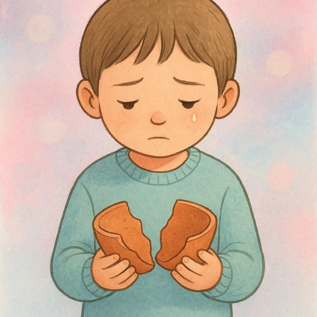 A child with a sad, remorseful expression looking down at a broken toy, indicating they are sorry for the mistake.