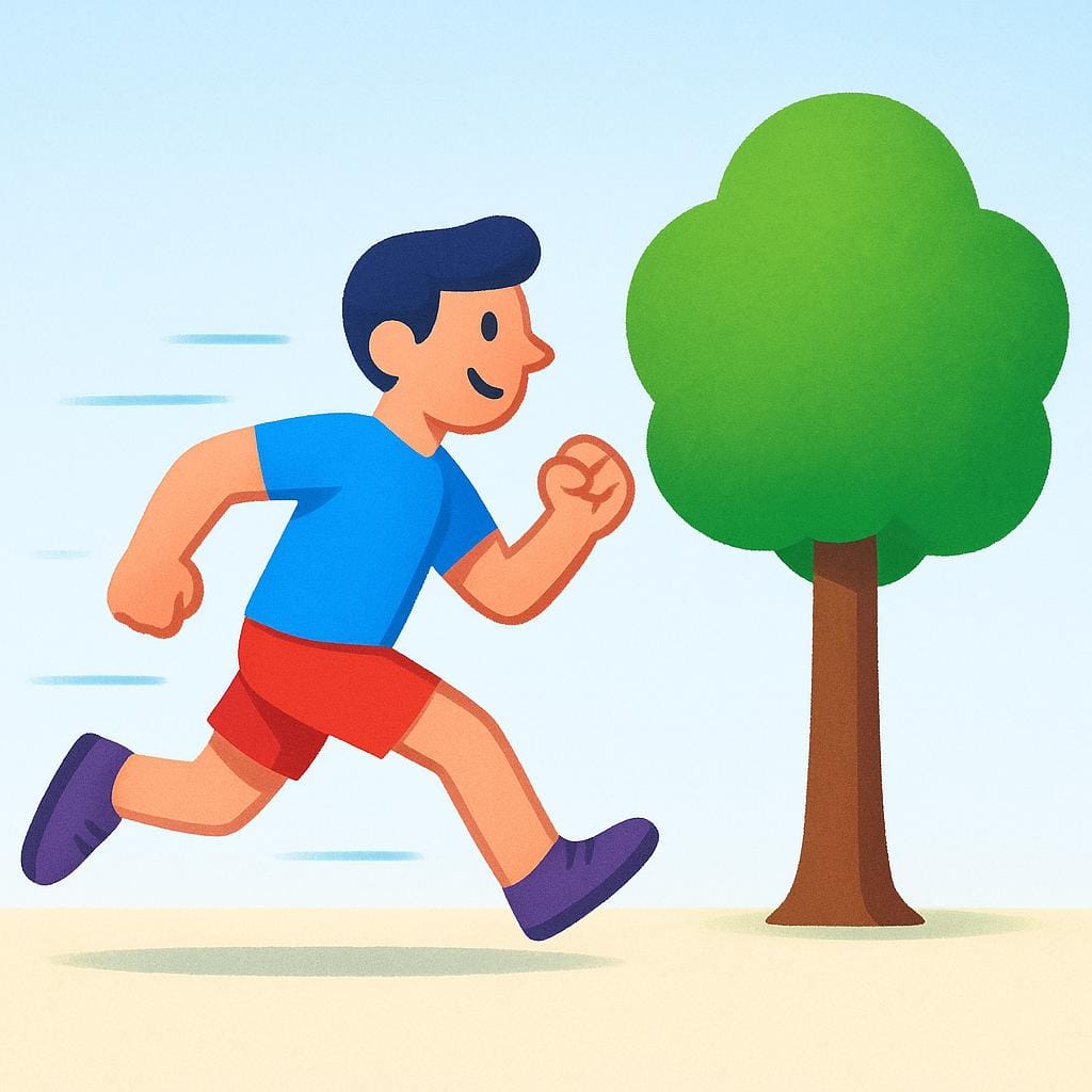 A colorful illustration showing a simplified person running quickly past a stationary green tree, depicting movement.