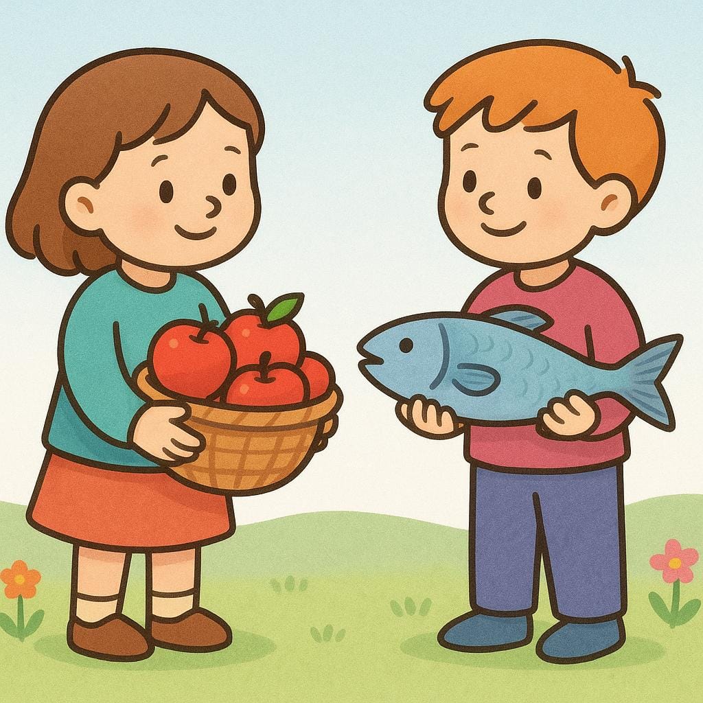 Een cartoonfiguur biedt een mand appels aan een andere figuur die een grote vis aanbiedt, wat een uitwisseling van goederen illustreert.