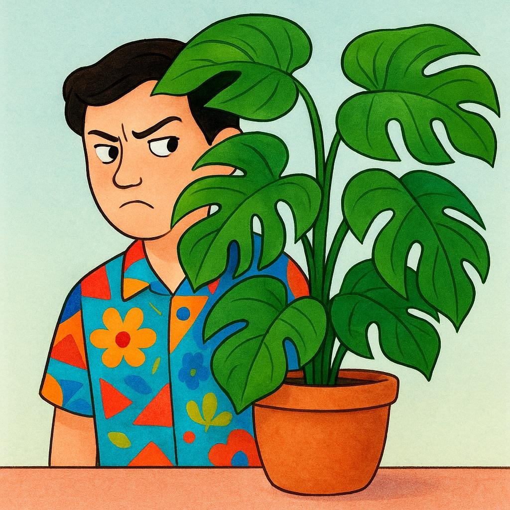 A stylized illustration of a person hiding behind a large green plant, peering out with a look of intense suspicion and doubt.