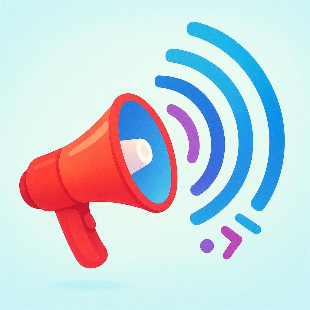 A simple, colorful illustration of a red megaphone pointed upwards, emitting large, sweeping sound waves or signals to symbolize broadcasting current news or updates.