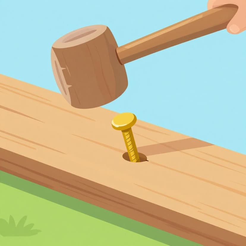 A hammer hitting a golden nail into a wooden board to secure it in place.