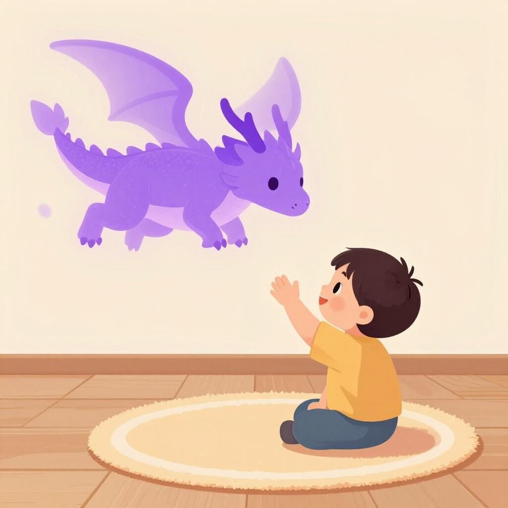 어린아이가 텅 빈 방에서 실제로 존재하지 않는, 알록달록하게 떠다니는 용을 바라보고 있다.