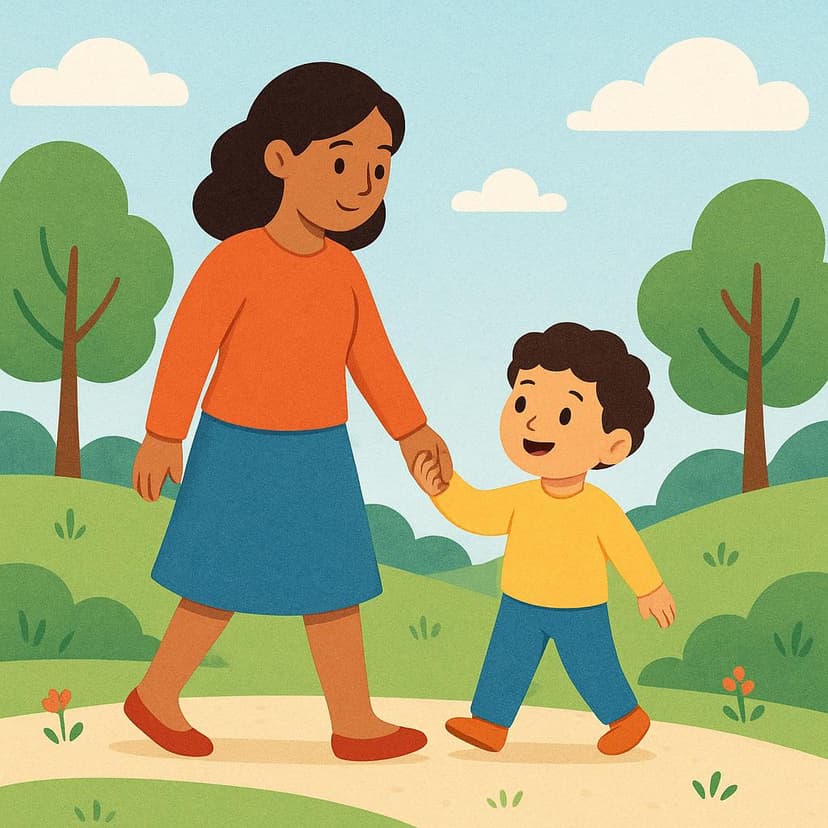 A mother holding the hand of a young child, walking together through a sunny field.