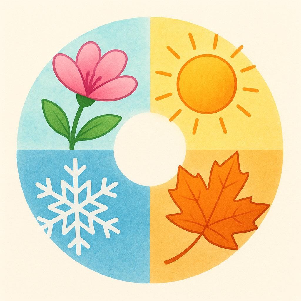 Une illustration circulaire et continue montrant les quatre saisons s'enchaînant : printemps, été, automne et hiver, représentant un cycle.