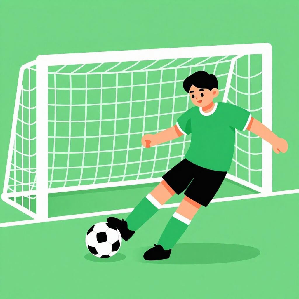 A soccer player kicking a ball powerfully towards a goal net.