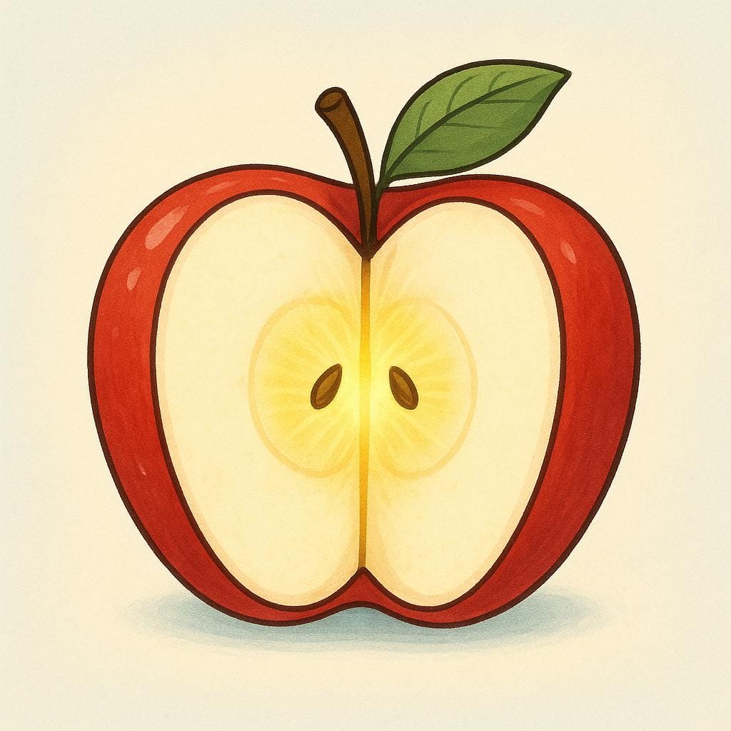 A simple red apple sliced in half, revealing a brightly glowing, warm yellow light emanating from its core.