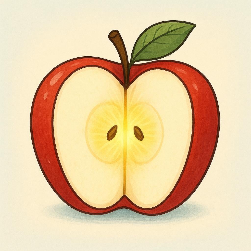 A simple red apple sliced in half, revealing a brightly glowing, warm yellow light emanating from its core.