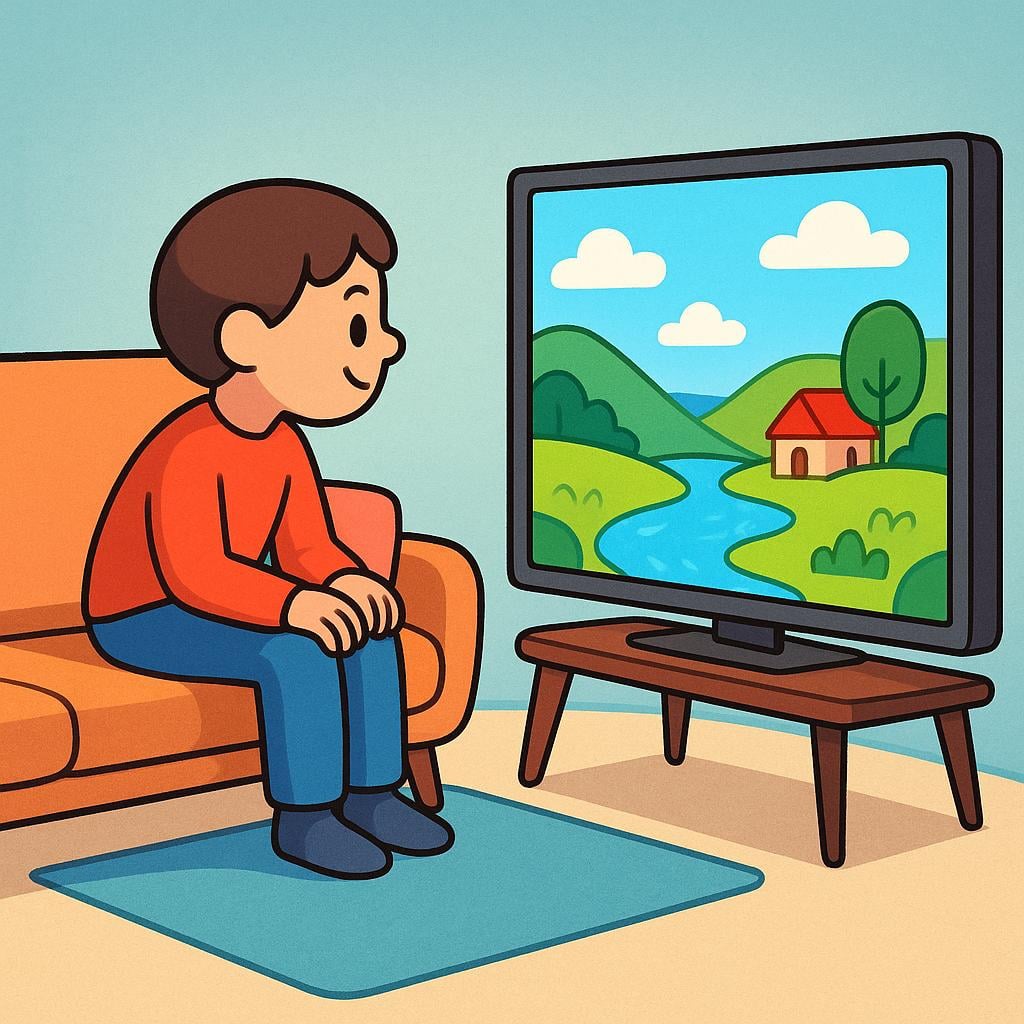 A cheerful figure sitting on a sofa, intently watching a large, glowing television screen showing a colorful landscape.