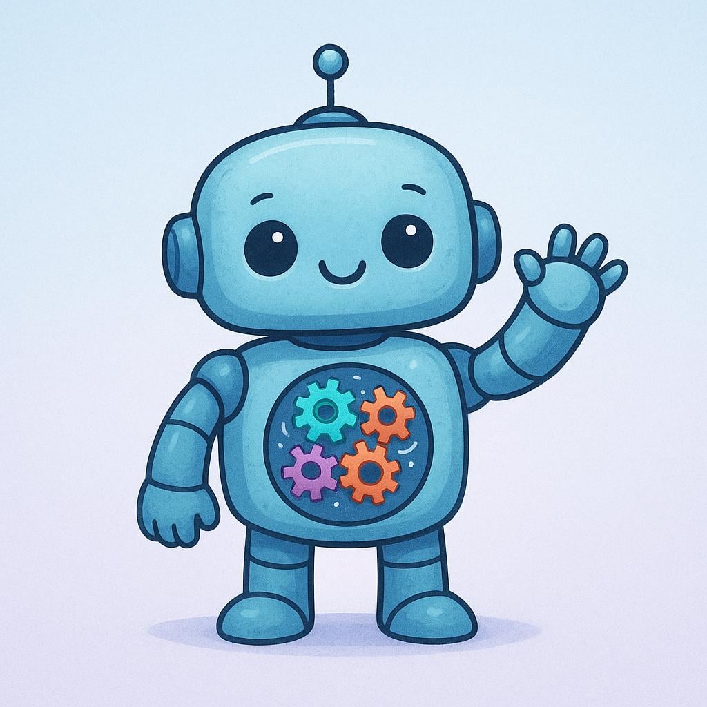 A friendly robot with bright glowing eyes and moving gears, waving its hand to show it is operational.