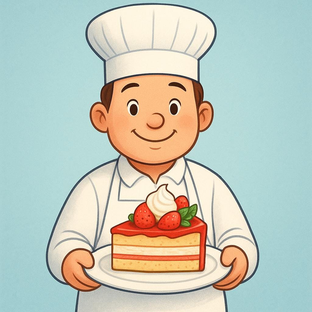 Ein Koch mit weißer Mütze präsentiert stolz ein einzelnes, akribisch angerichtetes, farbenfrohes Signature-Gericht, wie ein mit Beeren verziertes Stück Kuchen.