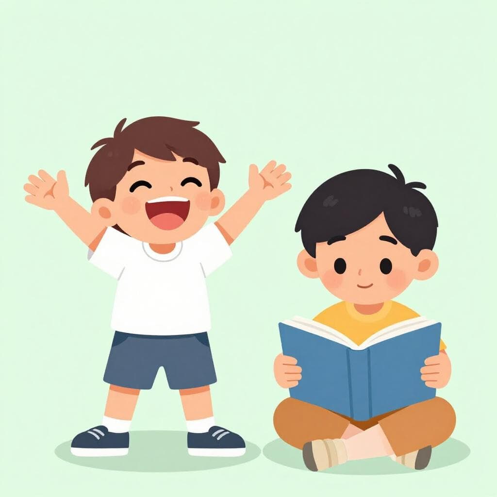 Uma menina alegre com um sorriso radiante e um menino calmo lendo um livro, mostrando suas diferentes personalidades naturais.