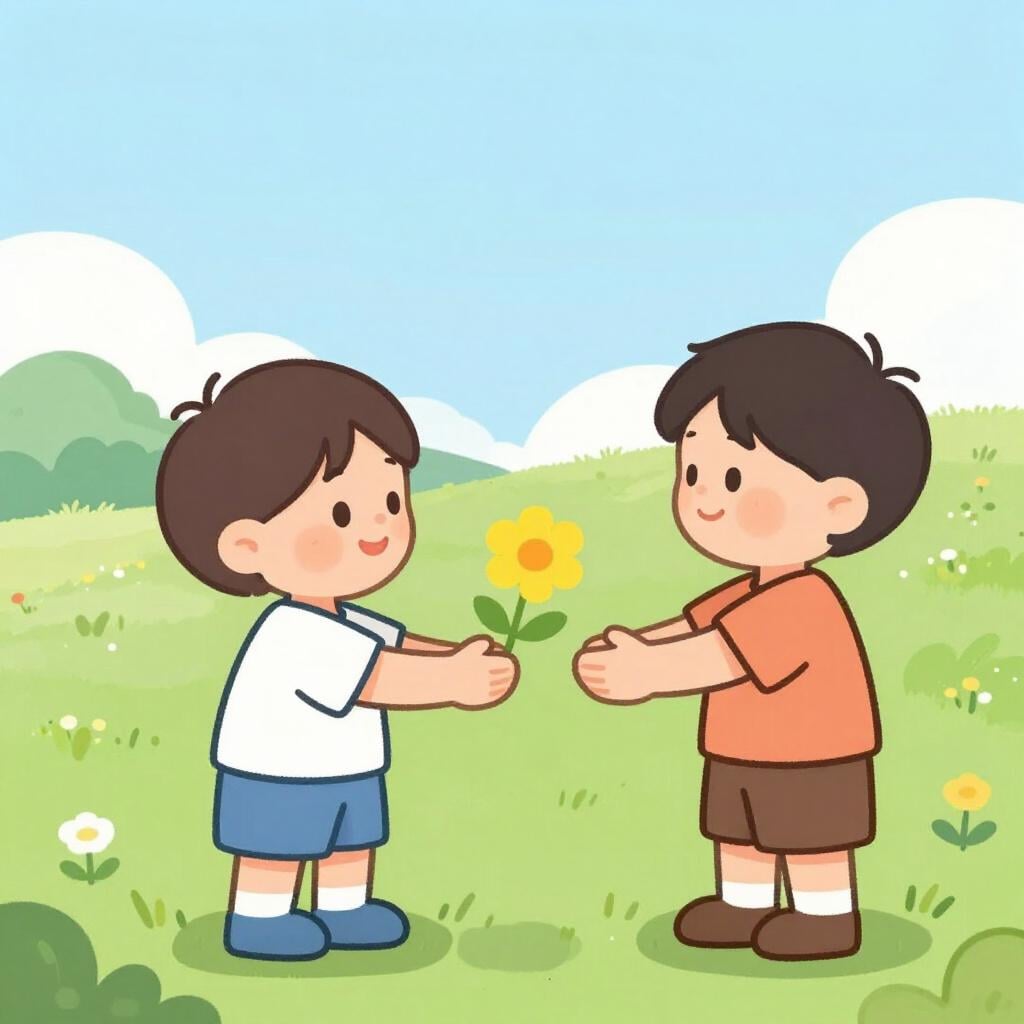 한 아이가 다른 아이에게 행복해 보이는 아이에게 직접 딴 꽃을 건네주는 모습.