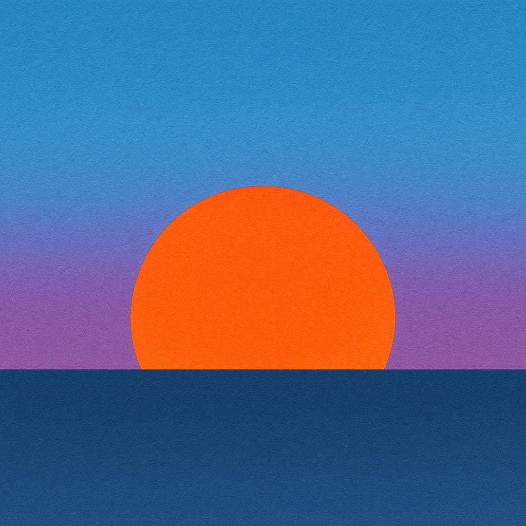 A large, brilliant orange sun halfway below a flat, distant horizon line, illustrating the sun setting.