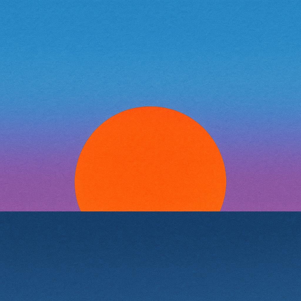 A large, brilliant orange sun halfway below a flat, distant horizon line, illustrating the sun setting.