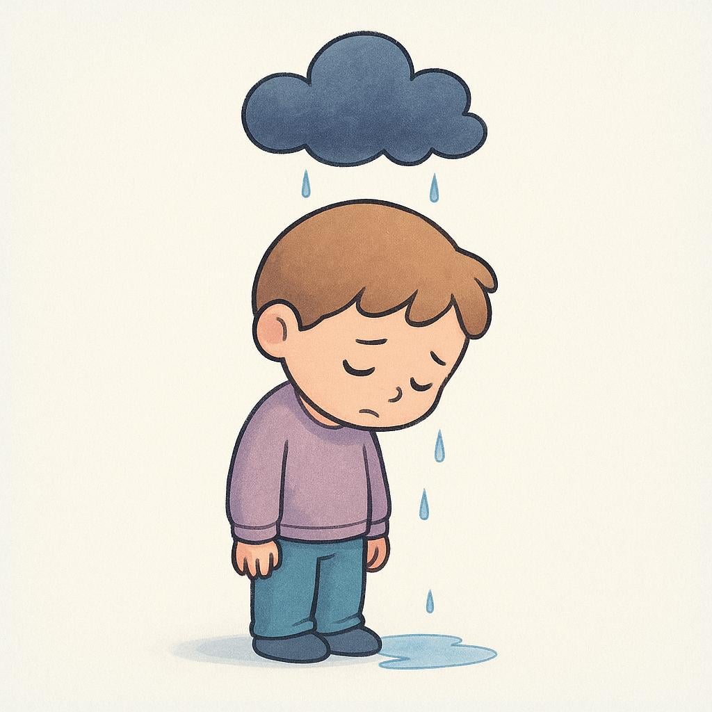 A solitary cartoon character standing under a small, dark rain cloud that is lightly dripping water, symbolizing deep sadness.