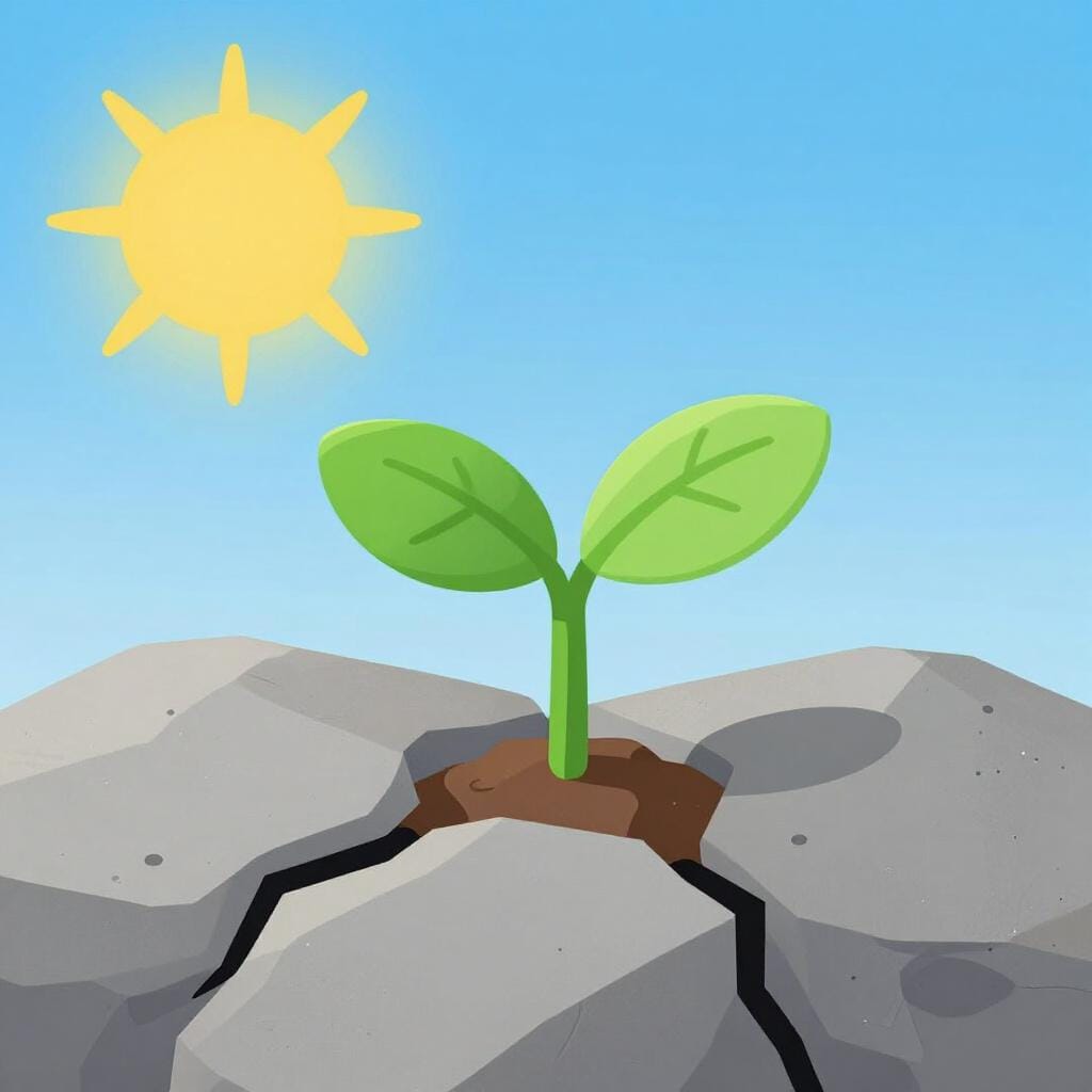 Ein kleiner Setzling, der aus einem massiven Felsen wächst und Stärke und Beharrlichkeit zeigt.